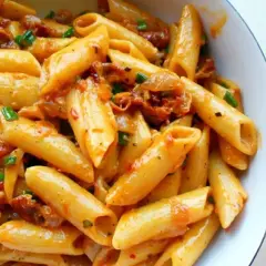 Penne z sosem z suszonych pomidorów i zieloną cebulką, apetyczne danie pełne smaku.