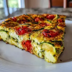 Pyszna frittata z cukinią i pomidorkami koktajlowymi na białym talerzu. Idealna na lekki posiłek.