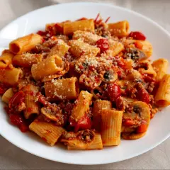 Pyszny czerwony makaron rigatoni z sosem bolońskim, pieczarkami i pomidorkami, posypany parmezanem.