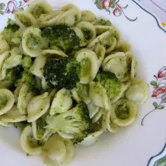 Makaron orecchiette z brokułami w sosie pesto. Proste i pyszne danie, które świetnie smakuje samo lub z dodatkiem parmezanu.