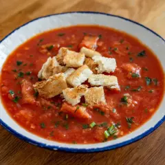 Pappa al pomodoro, gęsta zupa pomidorowa z grzankami, posypana natką pietruszki, w białej misce z niebieskim rantem.