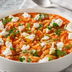 Pyszne danie z makaronem kritharaki w sosie pomidorowym, udekorowane serem feta i natką pietruszki. Idealne przepisy na szybki obiad.