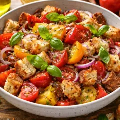 Kolorowa sałatka panzanella z pomidorami, grzankami i bazylią. Idealny przepis na lato.