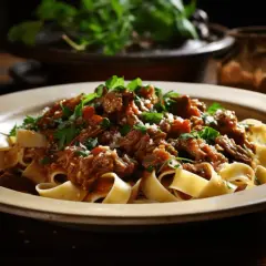 Pappardelle z bogatym ragu z jagnięciny, posypane parmezanem i świeżą pietruszką.