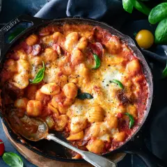 Gnocchi z pomidorami i mozzarellą zapieczone w żeliwnej patelni, ozdobione bazylią. Pyszne danie, które zachwyci każdego.