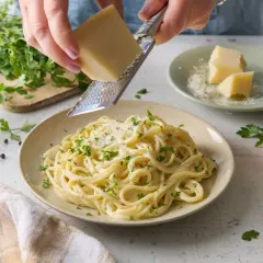 Kremowy makaron z grana padano, posypany świeżą natką pietruszki. Idealny na szybki obiad.