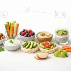 Niskokaloryczne przekąski: warzywa pokrojone w słupki, owoce jagodowe, hummus, ryżowe wafle z awokado i pomidorkami, jogurt, nasiona chia z kiwi, orzechy i jabłko.