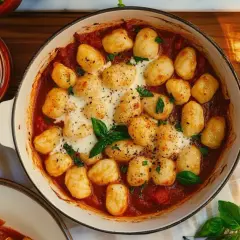 Pyszne, zapiekane gnocchi w sosie pomidorowym, z ciągnącym się serem i świeżą bazylią. Idealne na szybki obiad.