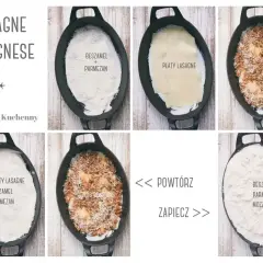 Przepis na lasagne bolognese: warstwy beszamelu, sosu bolońskiego i makaronu układane w naczyniu.