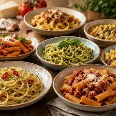 Różnorodne dania z makaronem, idealne co do makaronu: spaghetti z chili, penne z sosem pomidorowym, zielony makaron z pesto, fusilli z warzywami i tagliatelle z mięsem.