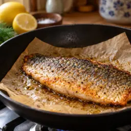 Filet pstrąga smażony na papierze do pieczenia na patelni