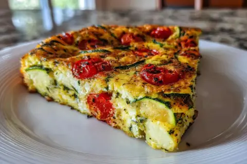 Pyszna frittata z cukinią i pomidorkami koktajlowymi na białym talerzu. Idealna na lekki posiłek.