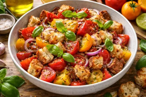 Kolorowa sałatka panzanella z pomidorami, grzankami i bazylią. Idealny przepis na lato.
