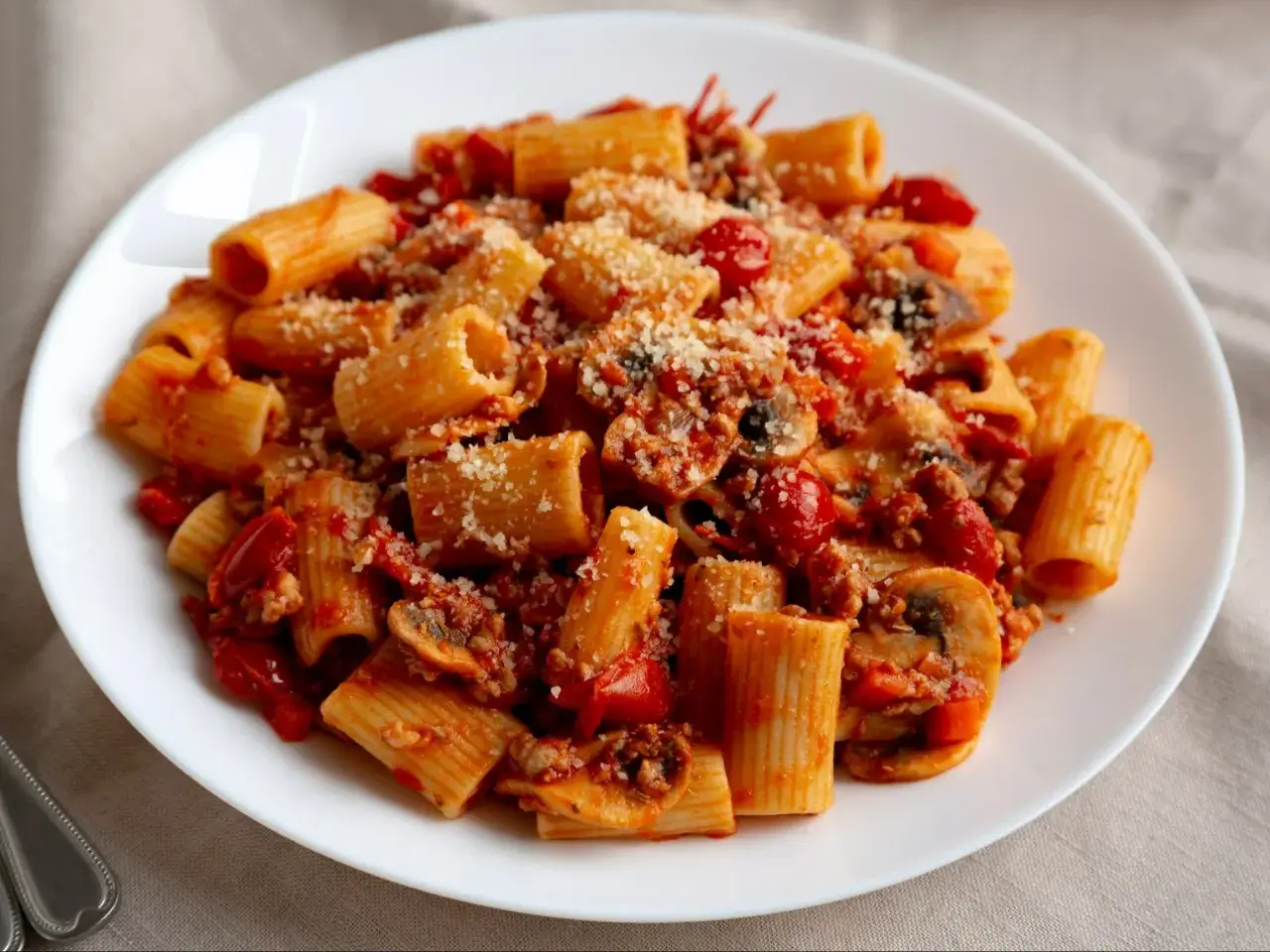 Pyszny czerwony makaron rigatoni z sosem bolońskim, pieczarkami i pomidorkami, posypany parmezanem.