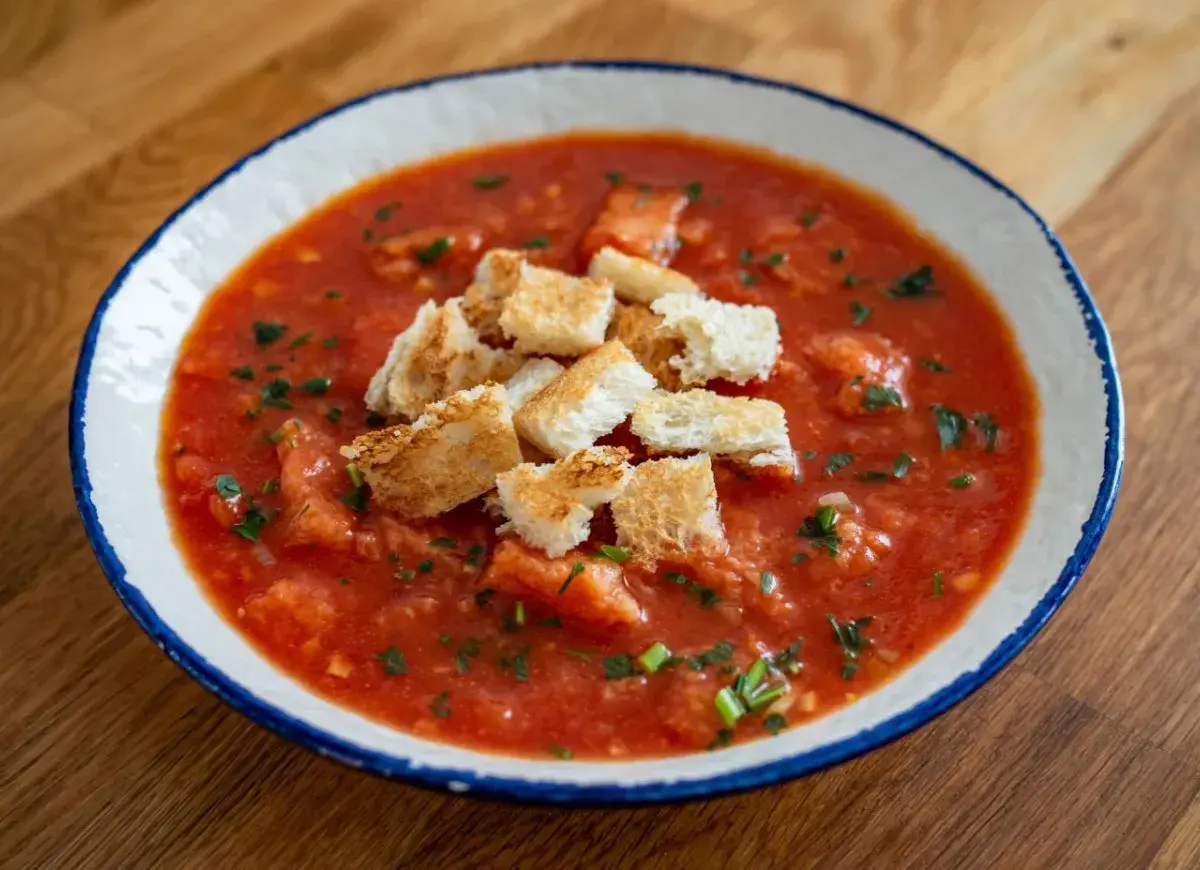 Pappa al pomodoro, gęsta zupa pomidorowa z grzankami, posypana natką pietruszki, w białej misce z niebieskim rantem.