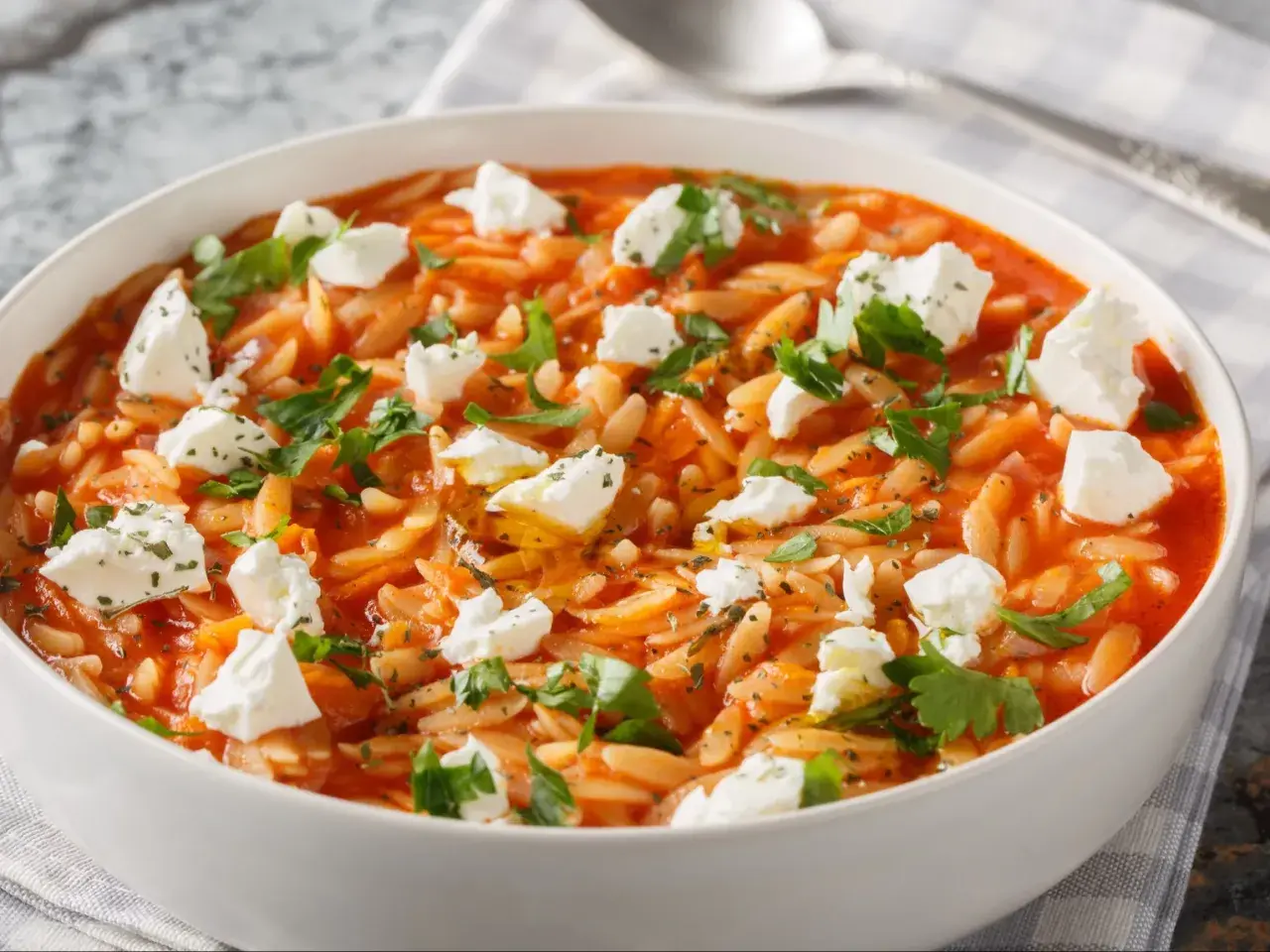 Pyszne danie z makaronem kritharaki w sosie pomidorowym, udekorowane serem feta i natką pietruszki. Idealne przepisy na szybki obiad.