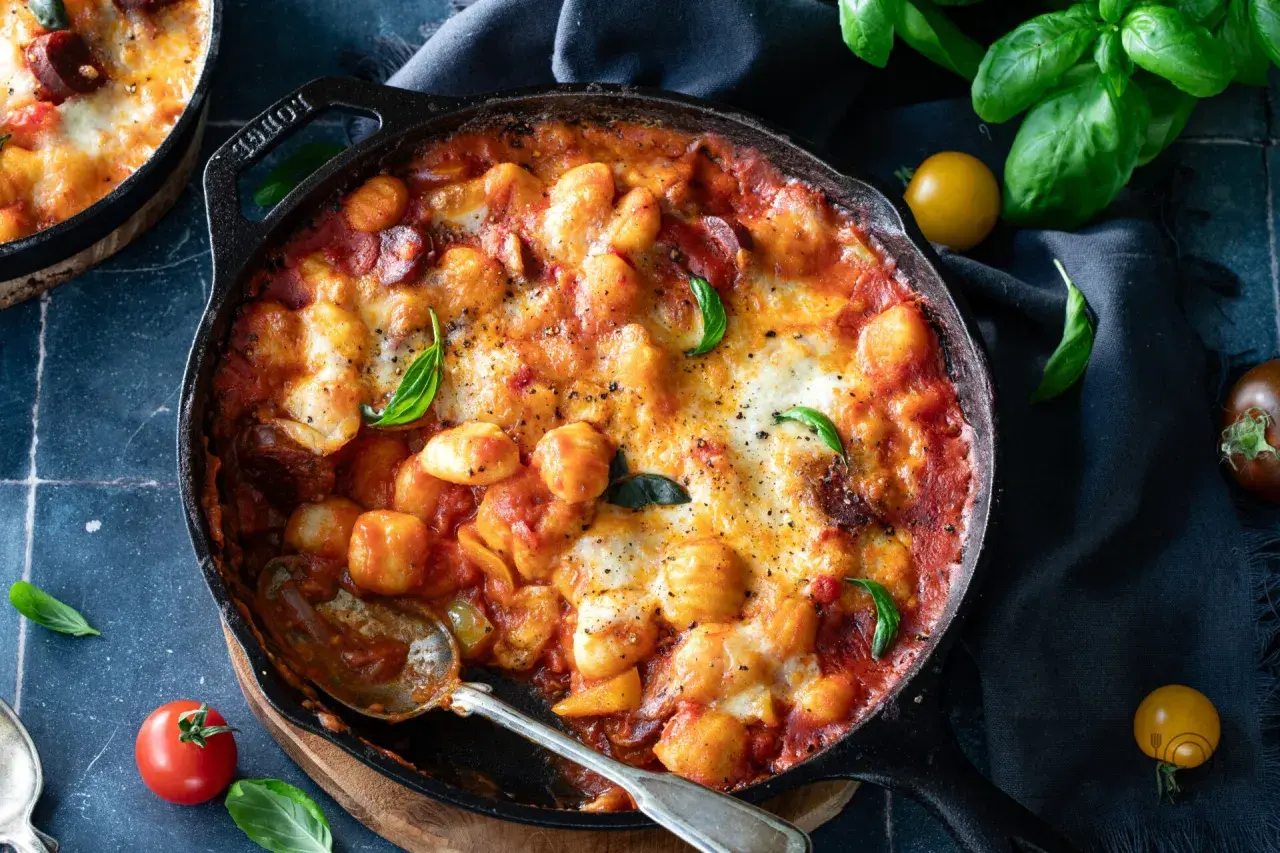 Gnocchi z pomidorami i mozzarellą zapieczone w żeliwnej patelni, ozdobione bazylią. Pyszne danie, które zachwyci każdego.