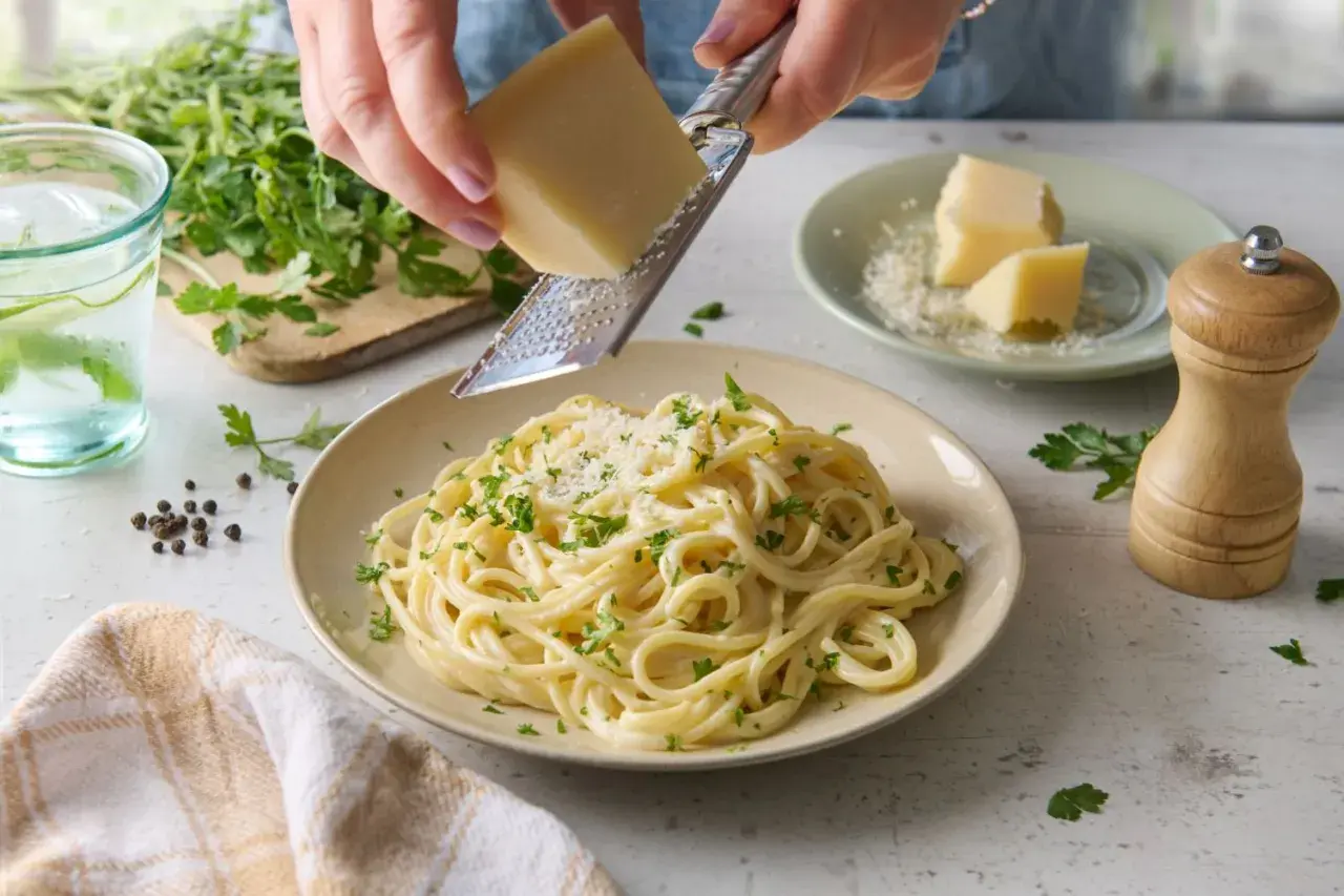 Kremowy makaron z grana padano, posypany świeżą natką pietruszki. Idealny na szybki obiad.