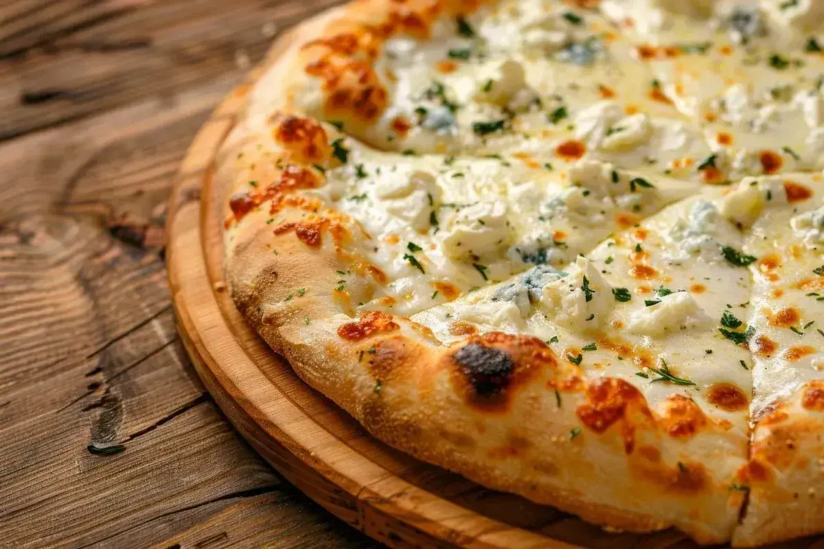 Pyszna pizza z serem, z chrupiącą skórką i obficie posypana ziołami, prezentuje się apetycznie na drewnianej desce.
