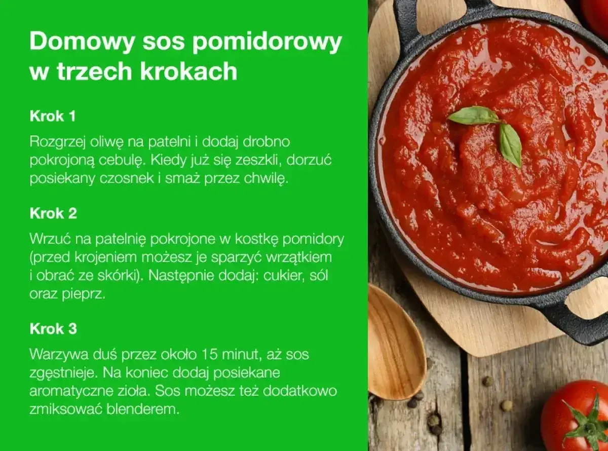 Domowy sos pomidorowy do spaghetti, przygotowany w trzech krokach. Aromatyczny, gęsty, z ziołami.