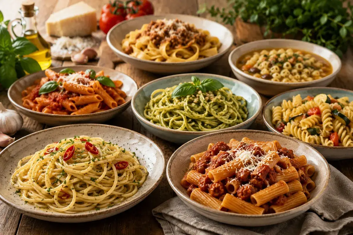 Różnorodne dania z makaronem, idealne co do makaronu: spaghetti z chili, penne z sosem pomidorowym, zielony makaron z pesto, fusilli z warzywami i tagliatelle z mięsem.