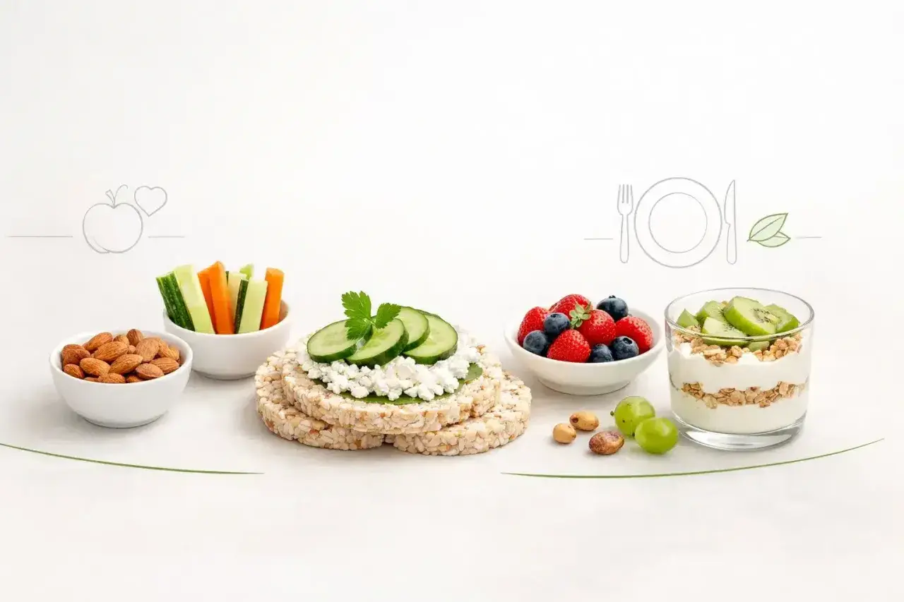 Zdrowe przekąski: miseczki z migdałami, warzywami, owocami, jogurt z granolą i kiwi, ryżowe wafle z twarożkiem i ogórkiem.