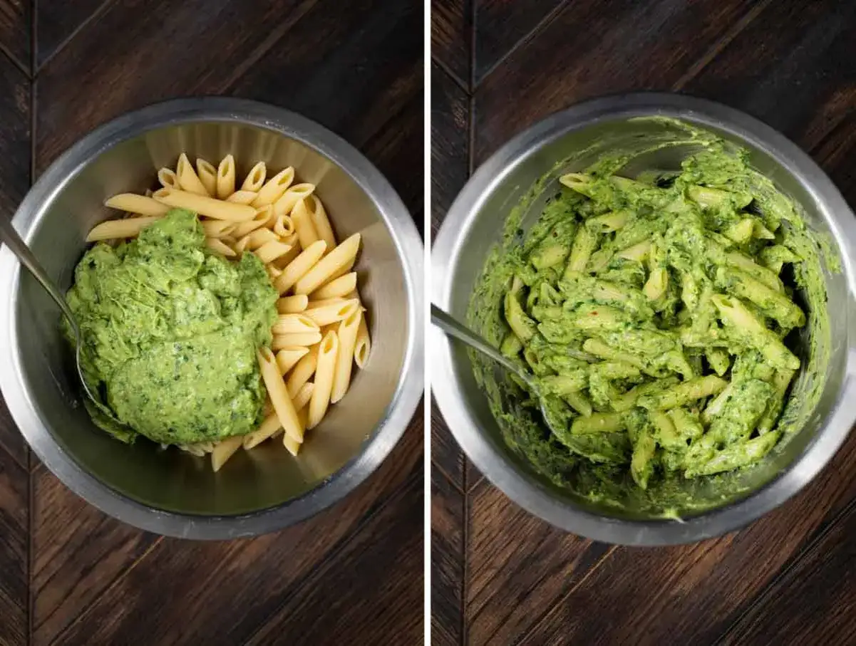Dwie miski z makaronem penne i zielonym kremowym sosem. Po lewej sos obok makaronu, po prawej makaron wymieszany z sosem. Pyszna pasta z awokado!