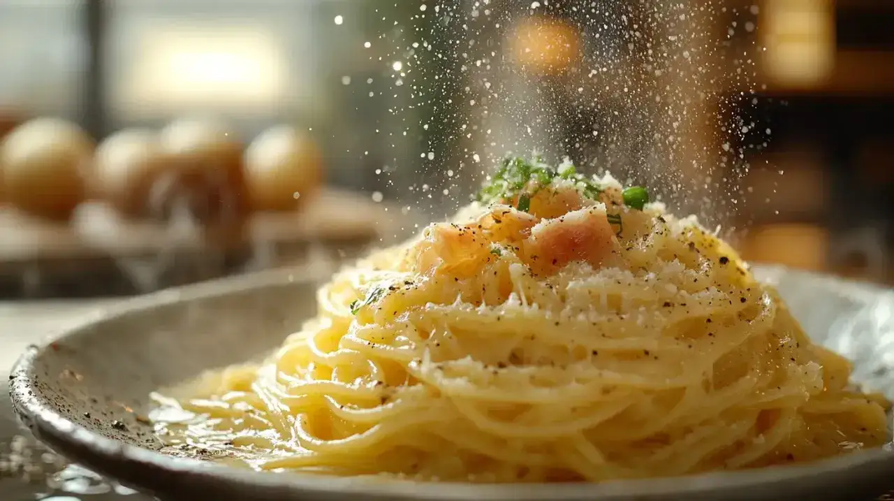 Pyszna, kremowa carbonara włoska posypana parmezanem i świeżą natką pietruszki.