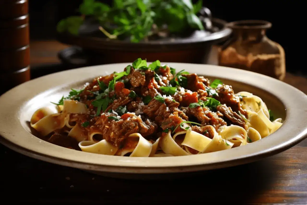 Pappardelle z bogatym ragu z jagnięciny, posypane parmezanem i świeżą natką pietruszki.